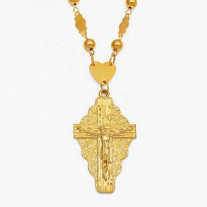 18K oro latón cristiano Cruz colgante bola cuentas cadena collar con circón largo grueso para hombres mujeres Hawaii Micronesia - Product Image 1