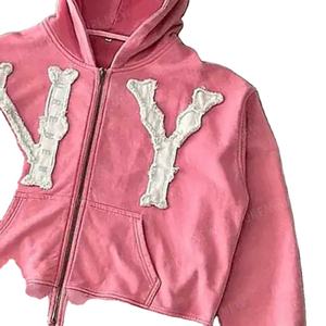 Haute qualité poids lourd 100% coton sur taille lavé à l'acide Vintage français éponge en détresse broderie sweats à capuche - Product Image 6