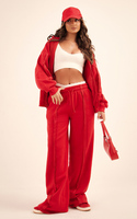 Conjunto de chándal con capucha y detalle de costura para mujer de 2 piezas rojas con logotipo personalizado éxito de ventas conjunto de chándal y chándal de dos piezas para mujer de cuerpo entero