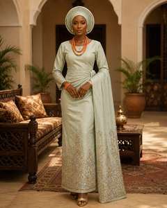 Emerald Green Luxury Beaded George <b>Fabric</b> with Silver Embroidery Border & Matching Blouse for Bridal Wear - Product Image 5