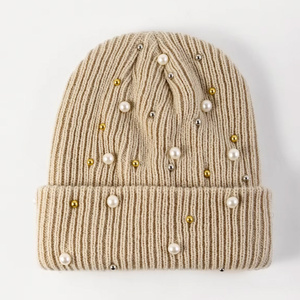 Gorro de punto de Invierno para mujer, sombreros de punto con perlas de diamantes de imitación, gorro de mujer, gorros suaves lisos para mujer - Product Image 4