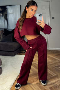 Best Selling Custom Burgundy 2 Piece Women's Tracksuit Set Jogger & Crop Sweatshirt With Seam <b>Detail</b> Women's Two Piece Sweat Set - Product Image 5