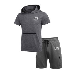 <b>Men's</b> Summer Two-Piece Set Cotton Hoodie <b>Shorts</b> with Custom Patches Knitted <b>Short</b> Sleeve Two Side Pockets - Product Image 1