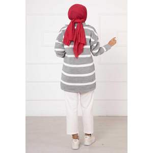 Tunique XL rayée brodée Logo fermeture éclair détail col à volants popeline western vintage tricotée pour les fêtes de printemps couleur grise" - Product Image 4