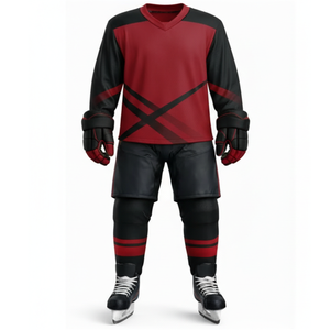 ชุดฮอกกี้น้ำแข็งสั่งตัดตามขนาดที่ต้องการ - สีแดงพร้อมดีไซน์ตัดกันแบบอสมมาตรสีดำ - ชุดกีฬา - ชุดทีม - Product Image 1