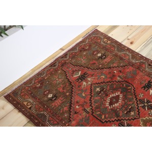 Vintage Turkish Accent Rug 3.2x6.5 ft, <b>Brown</b> Red Geometric <b>Wool</b> Rug - Product Image 5