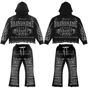 Oem logotipo personalizado de alta calidad al por mayor de gran tamaño Sudadera con capucha pantalón acampanado chándal personalizado con diamantes de imitación hombres chándal conjunto - Product Image 1