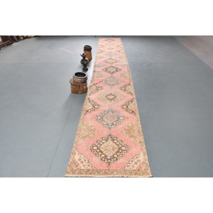 Traditional <b>Pink</b> Beige Large Area Rug 3.3 X 22.4ft Turkish Style Patchwork Rectangle Hallway Design <b>Wool</b> Viscose Latex for Teens - Product Image 1