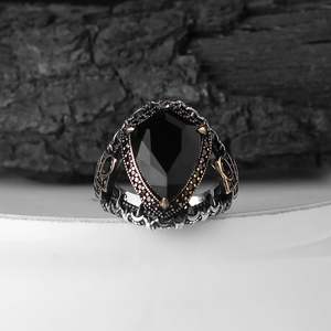 Anillo Turco de Plata de Ley 925 para Hombre, Estilo Otomano, Piedra Negra Natural, Joyería Fina Hecha a Mano, Azuris VALKH1307 - Product Image 1