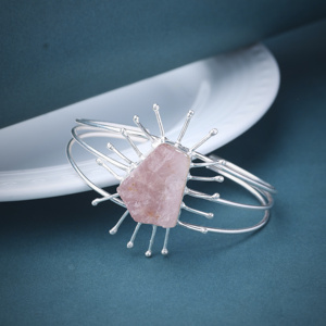 Rose Quartz Silver <b>Kada</b> Handcrafted Adjustable Bangle - Product Image 1