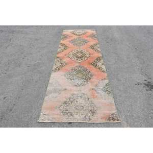 Alfombra de lana turca naranja y verde Vintage, diseño de retales de tejido plano de 3,4x10,5 pies para decoración para sala de estar, respaldo de látex de 4m de ancho - Product Image 1