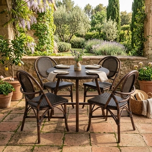 Brownie Dining Collection Woven Rattan Outdoor Dining Set <b>Round</b> Woven <b>Table</b> Chairs Bistro Patio Setup Art Design Decor - Product Image 5