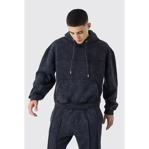 Survêtement unisexe à capuche en molleton d'hiver gris foncé surdimensionné délavé à l'acide avec design 2 en 1 et taille élastique - Product Image 2