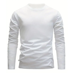 Spring and Autumn Men's Solid Color <b>Round</b> Neck T-shirt Polyester/Cotton Breathable <b>Canvas</b> Casual Loose Long Sleeve - Product Image 5