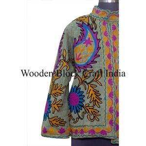 High Quality Handmade Breathable Women's Autumn Winter Floral Quilted Jacket Suzani Embroidery Short Cotton Knitted Fabric <b>Robe</b> - Product Image 2