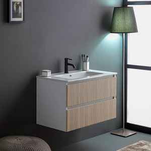 Meuble de salle de bain mural blanc de 80 cm avec 2 tiroirs en chêne cannelé Bali, ensembles de salle de bain - Product Image 1