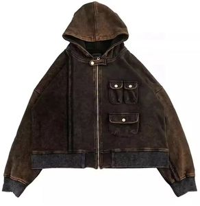 2025 tùy chỉnh nhà sản xuất cổ điển Zip Up axit rửa Hoodies đau khổ tùy chỉnh thêu vá cắt Mens Hoodie - Product Image 4