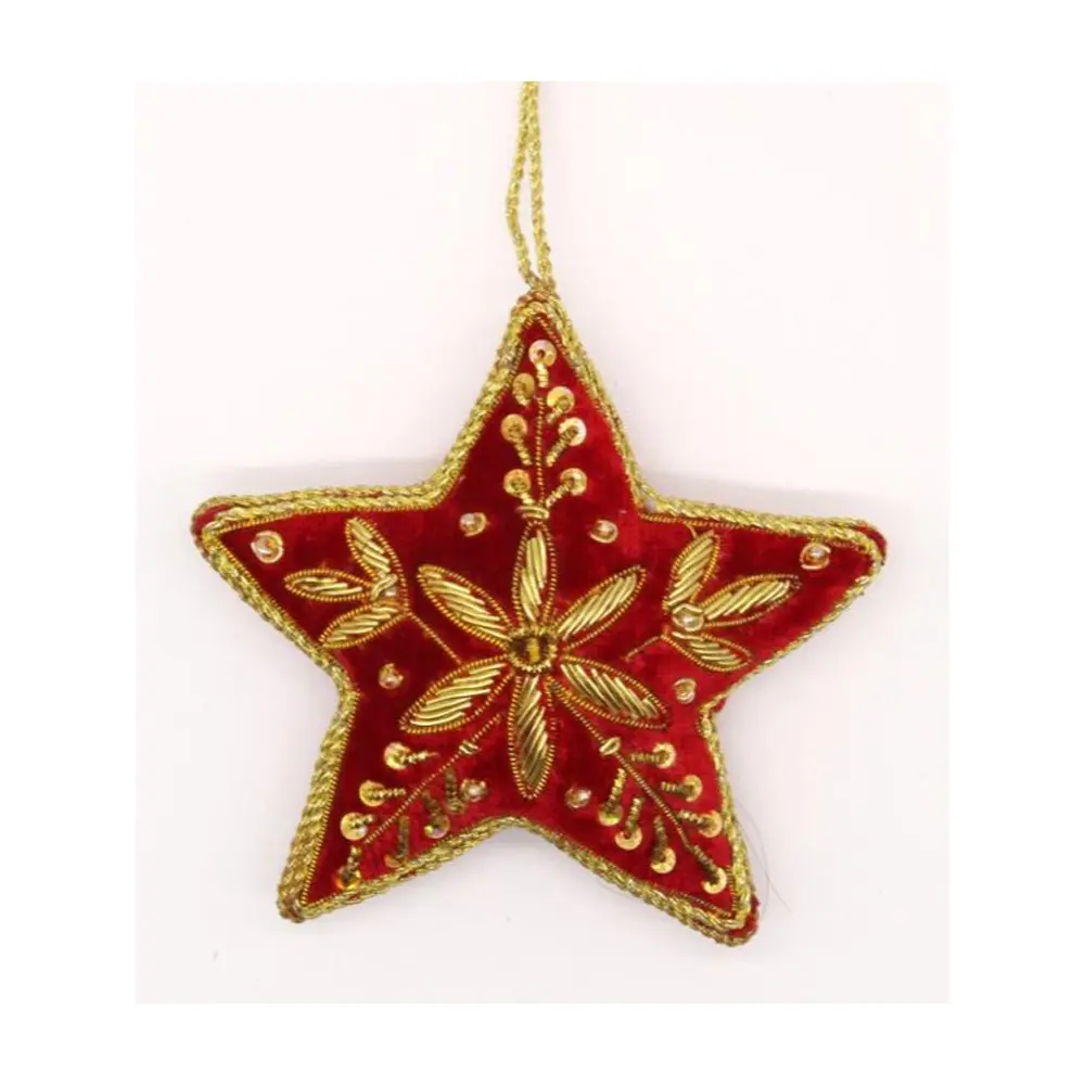 Most Popular New Design Best Quality Rose Madder Colour Star Shape Embroidery Beaded Work Christmas Hanging Ornaments