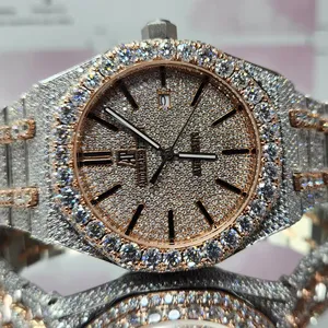 Two Tone Dial Bling Automatic Mechanical Iced Out Unisex Moissanite Diamond Watch Tester Pass Original Box Included