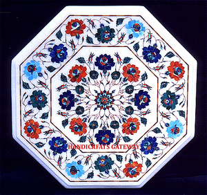Attractive Design Octagonal Shape Table <b>Top</b> for Home Decoration <b>Top</b> Class White Marble Handmade Beautiful Flower Design Inlay - Product Image 1