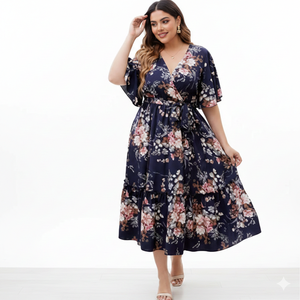Robe mi-longue en georgette douce de luxe pour femmes Unity Luxure, style enveloppant, à fleurs, avec ceinture à nouer à la taille - Product Image 1