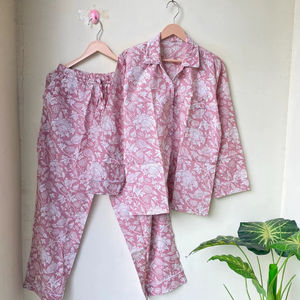 ชุดชุดนอน100% 2ชิ้นสำหรับใส่ฮันนีมูนเสื้อกางเกงผ้าฝ้ายออร์แกนิกชุดอินเดียพิมพ์ลายดอกไม้ระบายอากาศสำหรับฤดูร้อน - Product Image 1