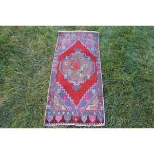 Turkish Rug 1.8x3.3 ft, <b>Red</b> Blue Southwestern <b>Wool</b> Vintage Rug - Product Image 1