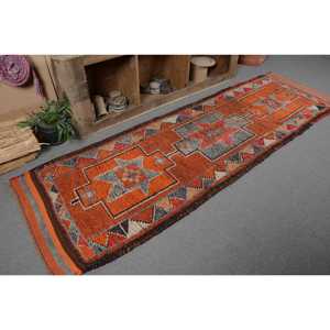 Alfombra turca Vintage de 3x9,7 pies, retales naranja y gris, material de lana y viscosa de estilo clásico, respaldo de látex para sala de estar - Product Image 5