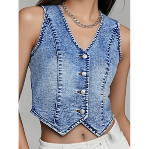 Paola Riboni <b>Women</b> Washed Woven <b>Denim</b> Vest Crop Top V Neck Button Front Short Sleeveless <b>Waistcoat</b> <b>for</b> Spring Summer - Product Image 5