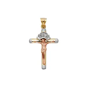 14K Tri Color Gold Plated CZ Religious Crucifix Customized Cross Pendant Jewelry for Men and Women