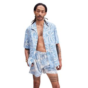 Palm Fronds Blue <b>Shirt</b> and Shorts Set in Tencel Vintage Print Single-Piece Collar Perfect for Summer <b>Beach</b> Pool or Casual Days - Product Image 1