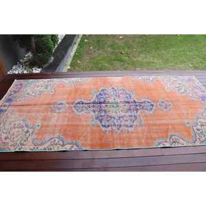 Alfombra Turca de 4.2x9 pies, Alfombra Vintage, Alfombra Marroquí de Lana Naranja y Azul - Product Image 3