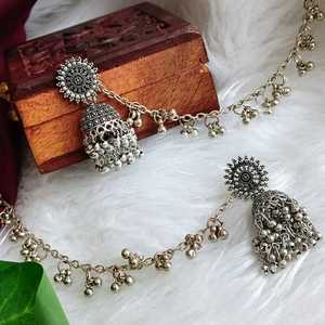 Efulgenz indio oxidado Jhumka Jhumki boda pendientes colgantes conjunto con cadena de oreja fabricante indio joyería para mujer - Product Image 2