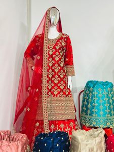 Stunning High Quality Bridal Lehenga Set with Long <b>Top</b> Heavy Work Jarkan Stones & Big Flair 15 Winter Wedding Colors Fancy Model - Product Image 4