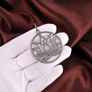 Colgante de Loto para Mujer, Plata de Ley 925, Bañado en Rodio Negro, Pavé de Diamantes Naturales, Estilo Vintage, Tamaño 45 mm - Product Image 2