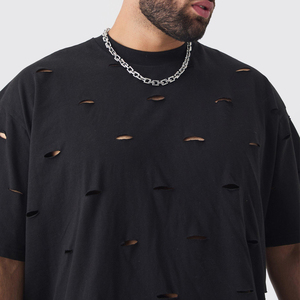 Camisetas de hombre de cuerpo completo con efecto desgastado, cuello acanalado, estilo urbano, lisas, con lavado ácido y efecto desgastado, sin estampado. - Product Image 3