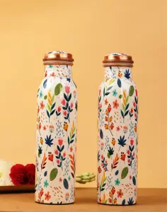 Modern Botanic Print Copper Bottle 750 ML Zinger Art Home Copper Water Bottle Personalized Handmade Gift Moradabad Handicraft