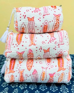 Handmade Soft Cotton Quilted Fish Hand Printed Eco-Friendly Water Resistant <b>Zipper</b> Closure Large Capacity Vintage Case - Product Image 1