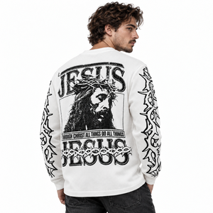 Camiseta térmica de manga larga tipo waffle para hombre, con estampado gráfico religioso, blanca, estilo streetwear, venta al por mayor, fabricante de ropa - Product Image 3