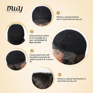 Juniper-DWY Filter Mid-Length Wavy <b>Brown</b> Glueless Synthetic <b>Wig</b> with Transparent Lace Front and Curved Part Dyed Black - Product Image 5