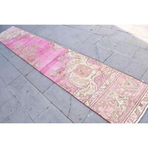 Tapis turc vintage en patchwork 2,1x12,8 pi (65x390 cm) avec support en latex écologique, tapis en laine rose - Product Image 2