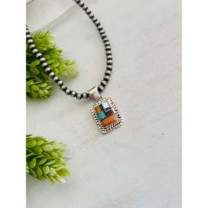 Southwest Style Cobblestone Pendant with Multi-Stone & Sterling Silver Bezel Setting Inlay - Product Image 3