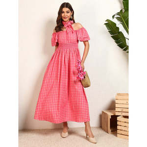 Deebaco Women's Pink Plaid Off-Shoulder A-Line Midi <b>Dress</b> With Ruffles <b>Elastic</b> Waist Prairie Chic Summer Casual Style - Product Image 1