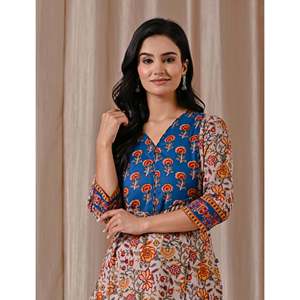 Grey Blue Butta <b>Block</b> <b>Printed</b> Cotton Straight Kurti Casual Day Wear for Women XS Breathable and Natural Waistline ODM Supply - Product Image 1