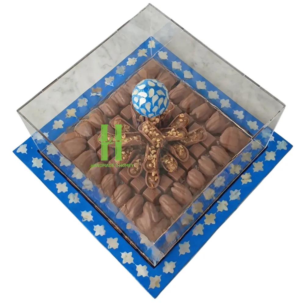 Bandeja cuadrada de madreperla azul con cubierta acrílica OEM con platos para decoración bandeja de servicio de Ramadán de Vietnam