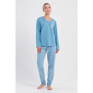 KADIN P.SUPREM XXL V YAKA UZUN KOL ETEGI OVAL PIJAMA TAKIM - มาวี - มาวี - Product Image 1