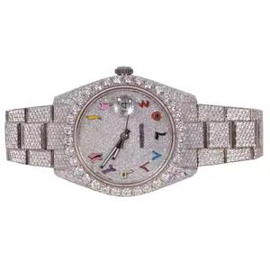 นาฬิกาหรูสไตล์ฮิปฮอปสแตนเลสประดับแซฟไฟร์คริสตัลเพชรโมอิสซาไนต์นาฬิกาอะนาล็อกหน้าปัดโลโก้ที่กำหนดเอง - Product Image 6