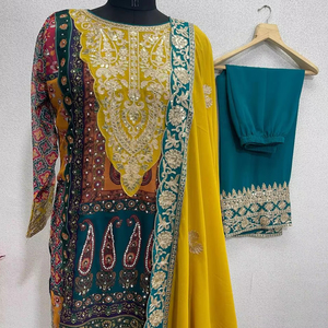 Tissu Georgette jaune foncé sarcelle Salwar Kameez pour femmes élégantes impression numérique pour les fêtes pakistanaises indiennes - Product Image 1