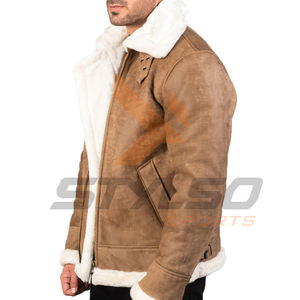 Blouson en cuir bombardier pour homme, manteaux et vestes en cuir marron avec col en fourrure de mouton véritable - Product Image 5