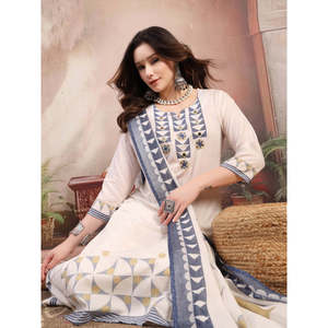 ชุดคุर्ตาผ้าฝ้ายปักลายสีขาวสำหรับผู้หญิง พร้อมกางเกงปาลาซโซ่และผ้าคลุมไหล่ ชุดส่าหรีผ้าจอร์เจตต์แบบเย็บสำเร็จ - Product Image 4
